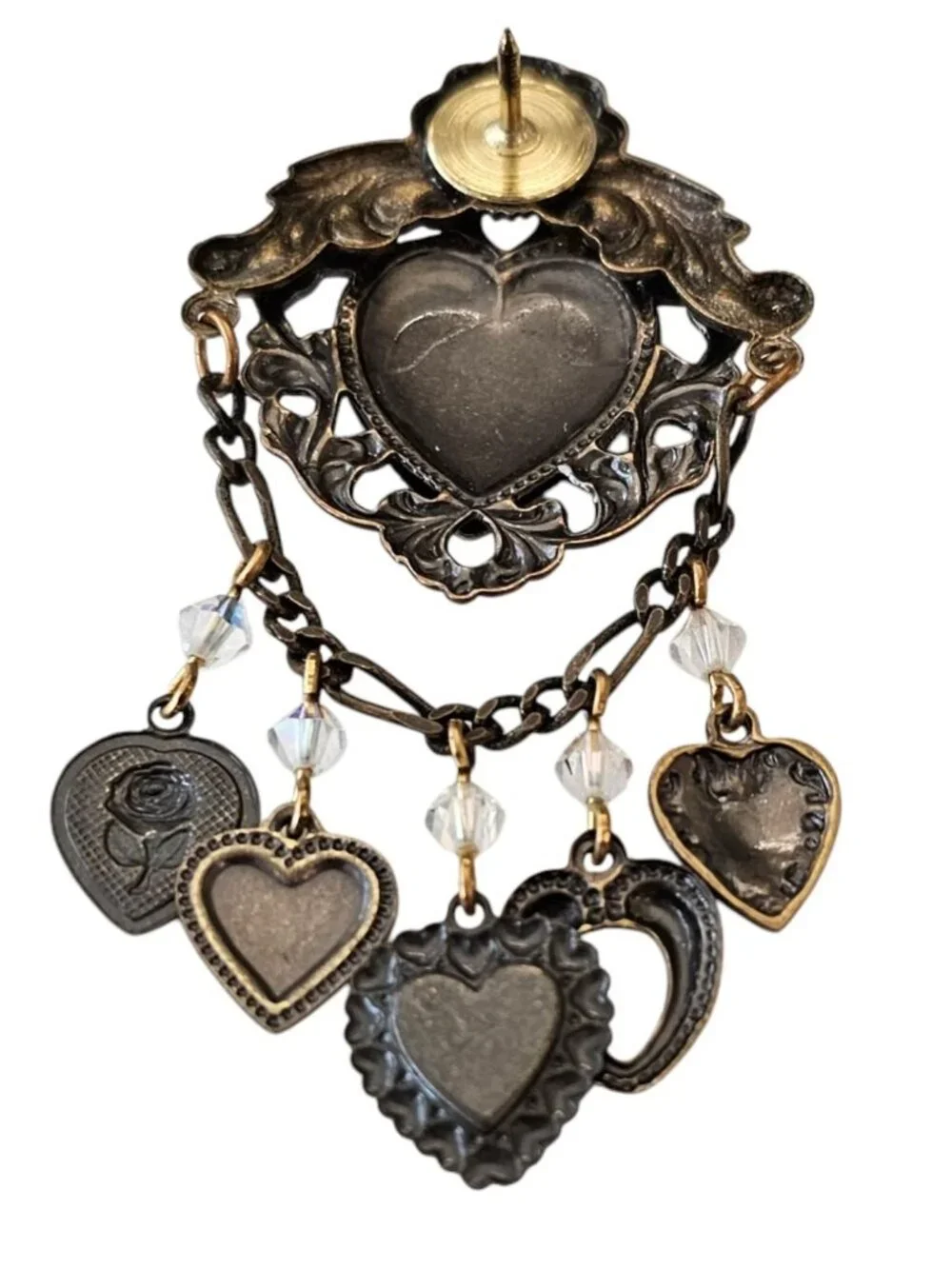 Heart Shield Pin Brass Chatelaine Style AB Rhinestone Dangle Lapel Tack, J24